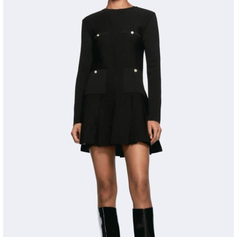 Zara Black knit pleated hem long sleeve pocket front short shift dress womens L